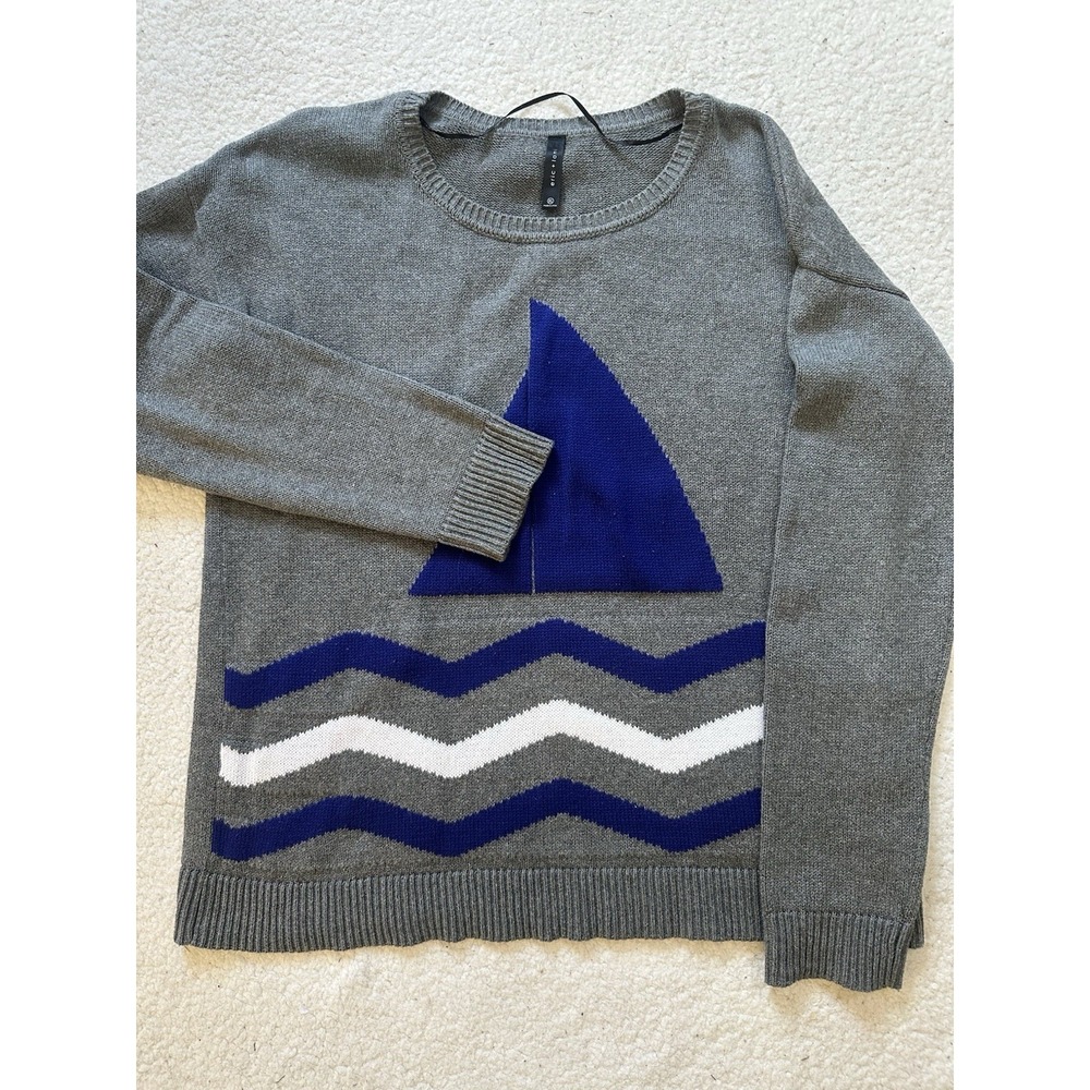 Eric+ lani Knit Sweater Women L Gray Blue Sailboat Round Neck Long Sleeves